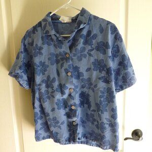 Cotton Studio blue linen blend short sleeve floral printed blouse M button down